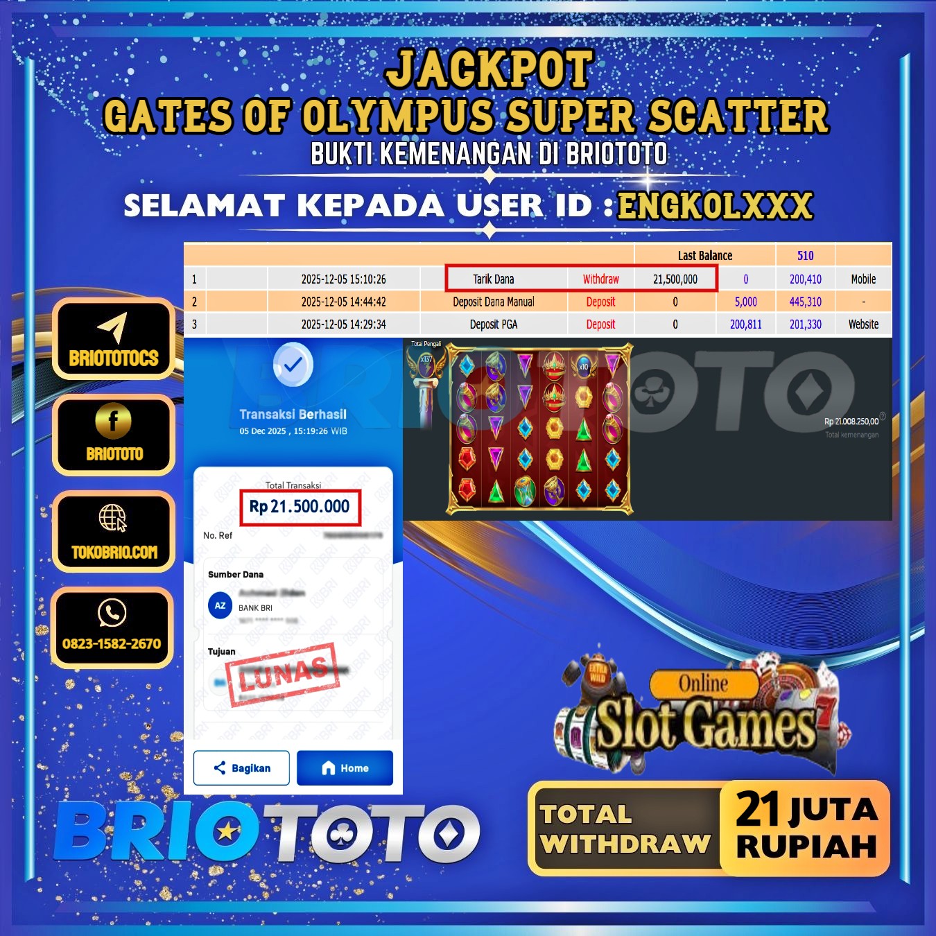 BRIOTOTO JACKPOT SLOT GATES OF OLYMPUS SUPER SCATTER RP.21.000.000,- LUNAS USER ID : ENGKOL****