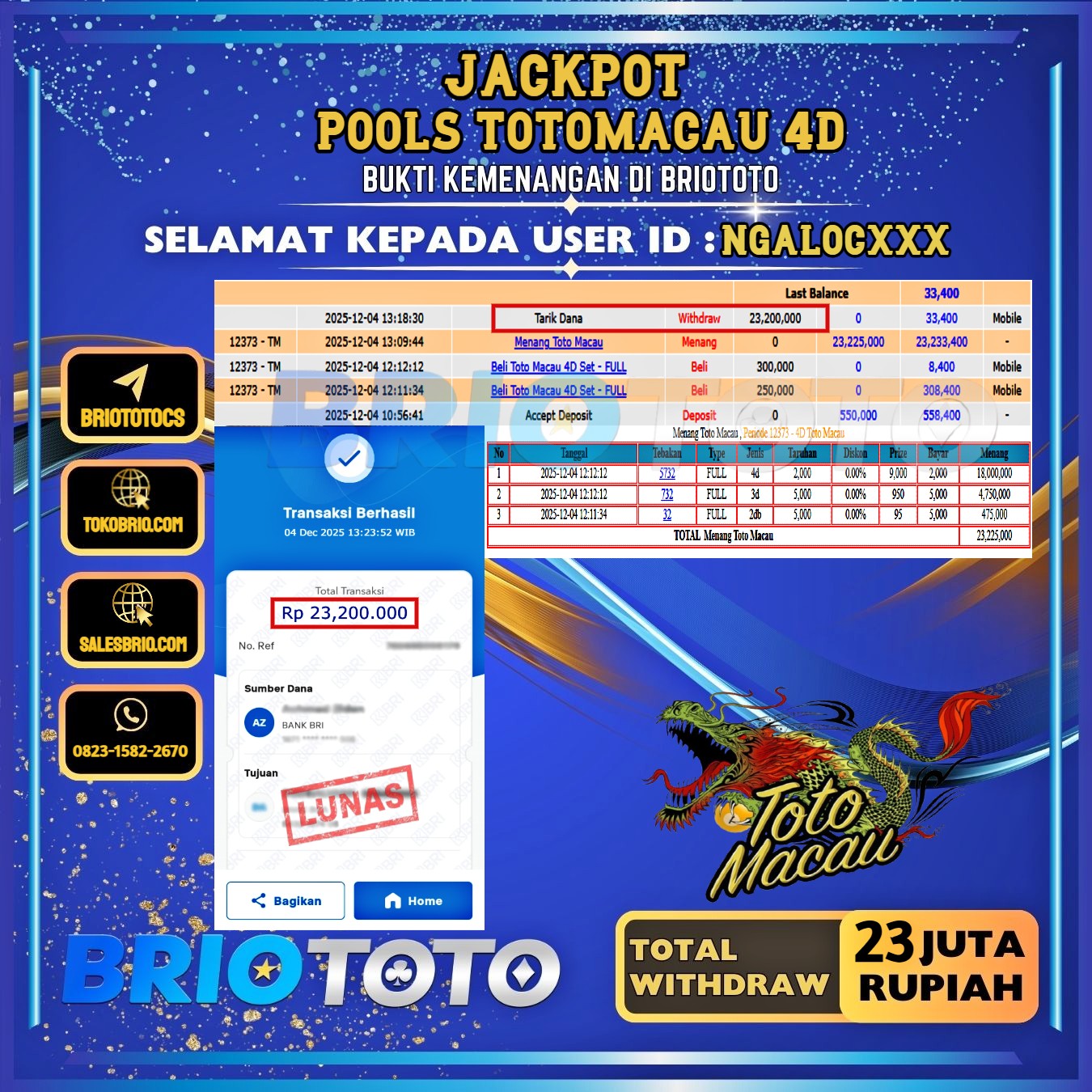 BRIOTOTO JACKPOT TOGEL TOTOMACAU 4D RP.23.000.000,- LUNAS USER ID : NGALOC***
