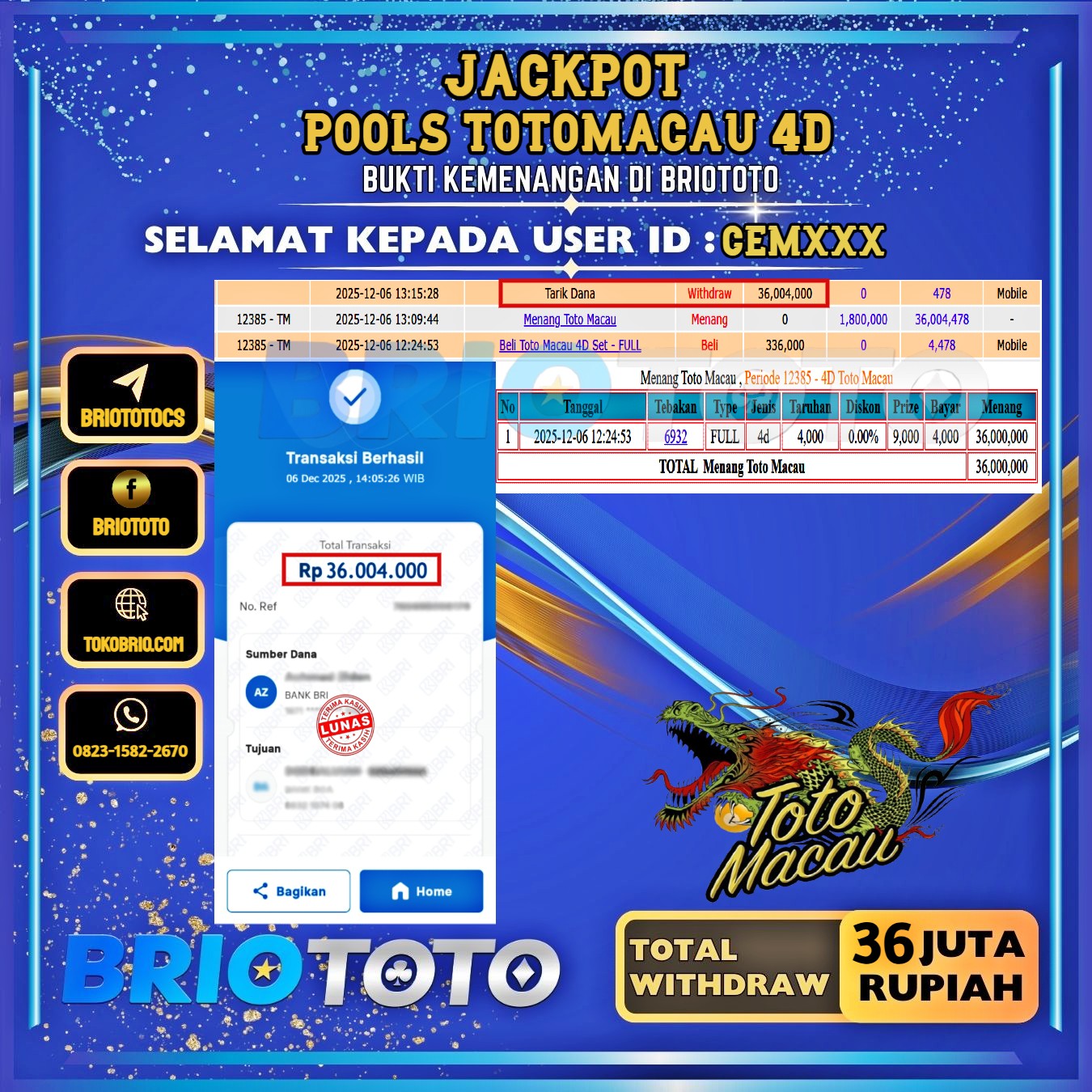 BRIOTOTO JACKPOT TOGEL TOTOMACAU 4D RP.36.000.000,- LUNAS USER ID : CEM***