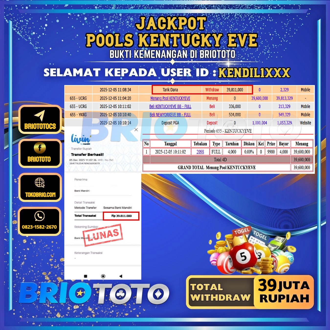 BRIOTOTO JACKPOT TOGEL KENTUCKY EVE RP.39.000.000,- LUNAS USER ID : KENDIL1****